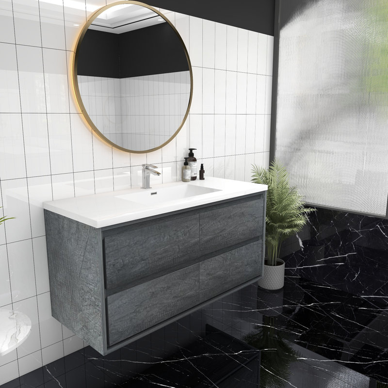 Ensemble de meuble-lavabo simple mural 48 po Azden, Chêne fumé