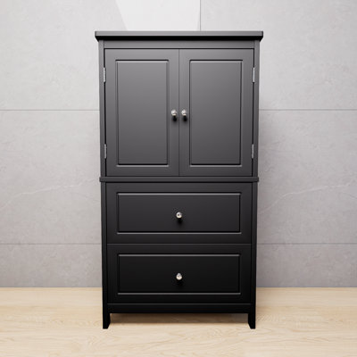 Armoire de rangement de salle de bain noire, armoire avec deux portes et tiroirs, tablettes réglables, panneau en MDF