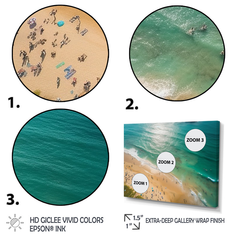 Vue aérienne de la plage côtière verte 1 - Art mural plage et océan, Cadre flottant doré, H 16 po x l 32 po x P 1 po