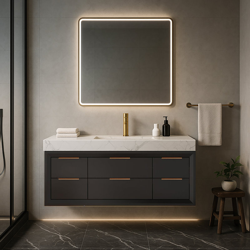 Meuble-lavabo mural simple de 48 po avec comptoir en pierre Melora, lumière DEL et tiroirs à fermeture en douceur, design moderne