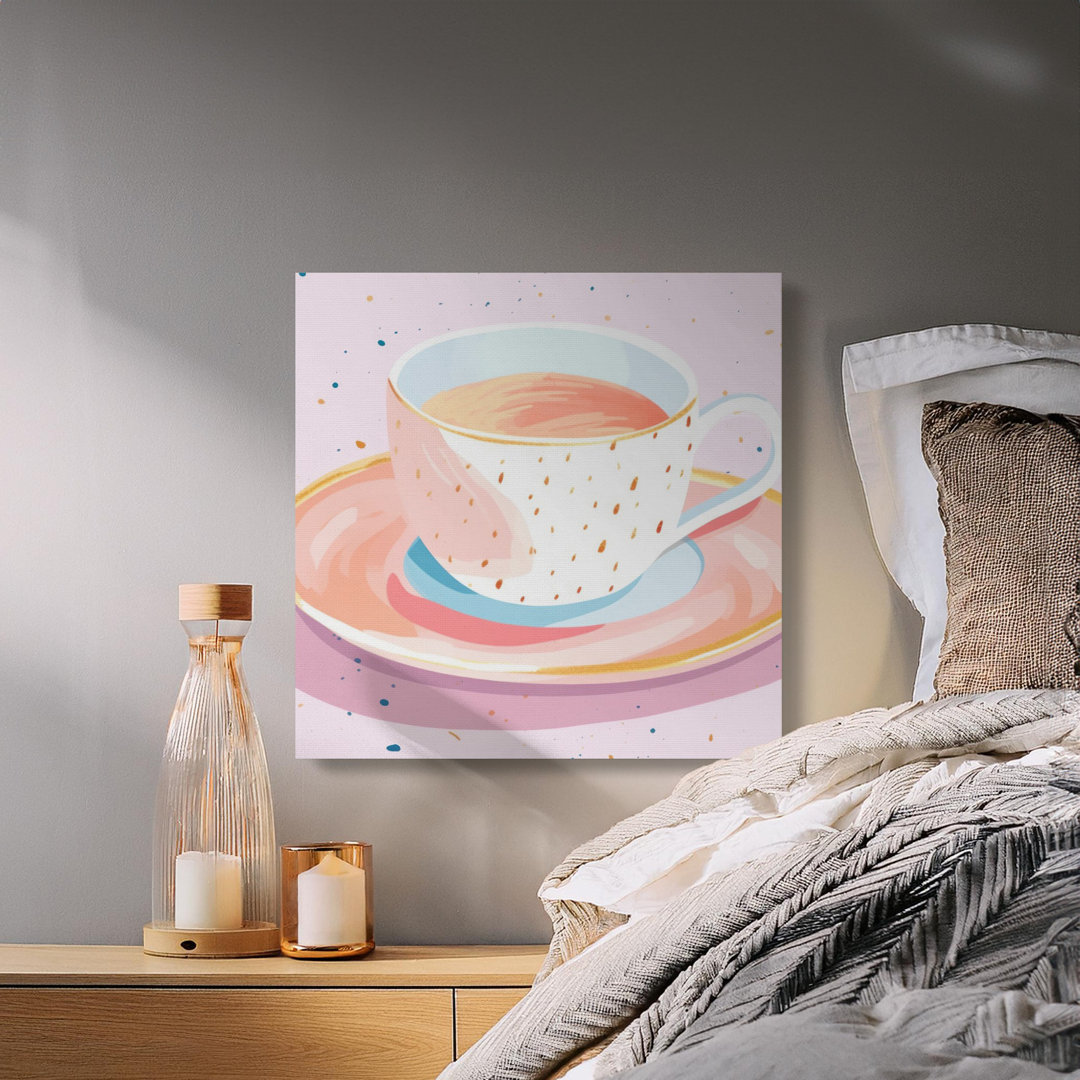 Pastel Coffee Cup Canvas Wall Art, Modern Chic Kitchen Decor, Cozy Aesthetic Drink Print with Faux Gold Splatter Art, Tea Lover Gift
