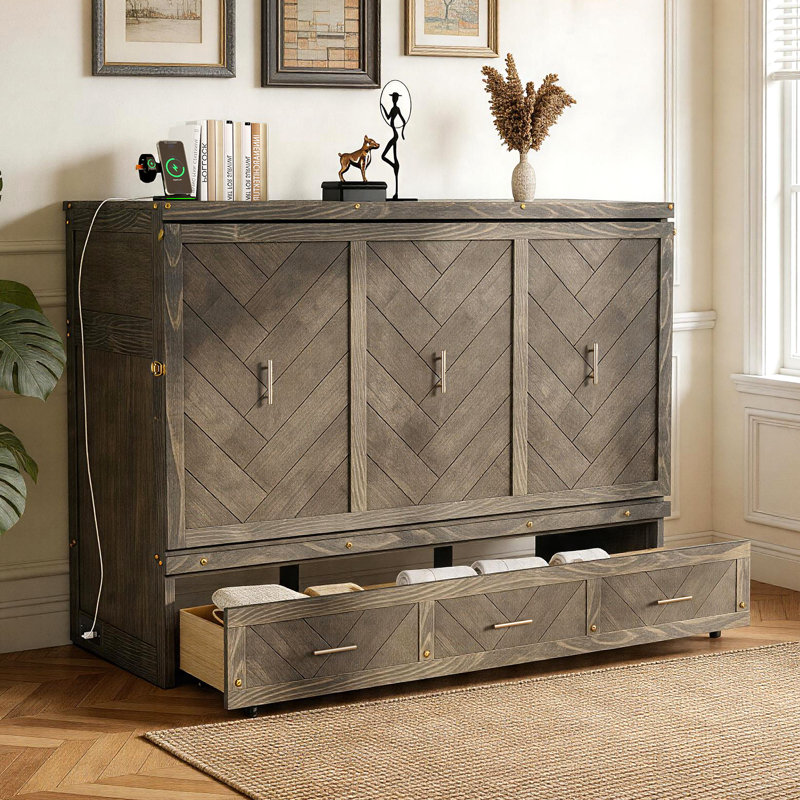 Grand lit escamotable avec grand tiroir de rangement, armoire murale en bois de pin avec station de charge USB intégrée, Grey