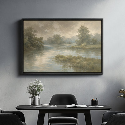 Framed Canvas Wall Art - Calm River Valley Landscape with Soft Forest - 24"x36"