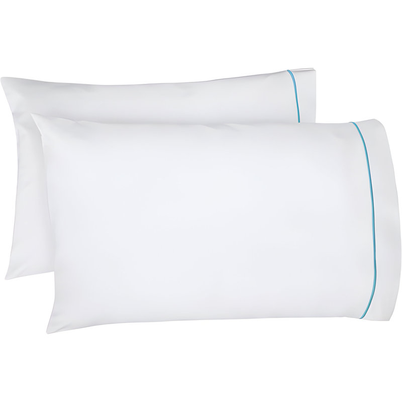 400TC Single Embroidery Cotton Sateen Pillowcases (Set Of 2), White/Light Blue