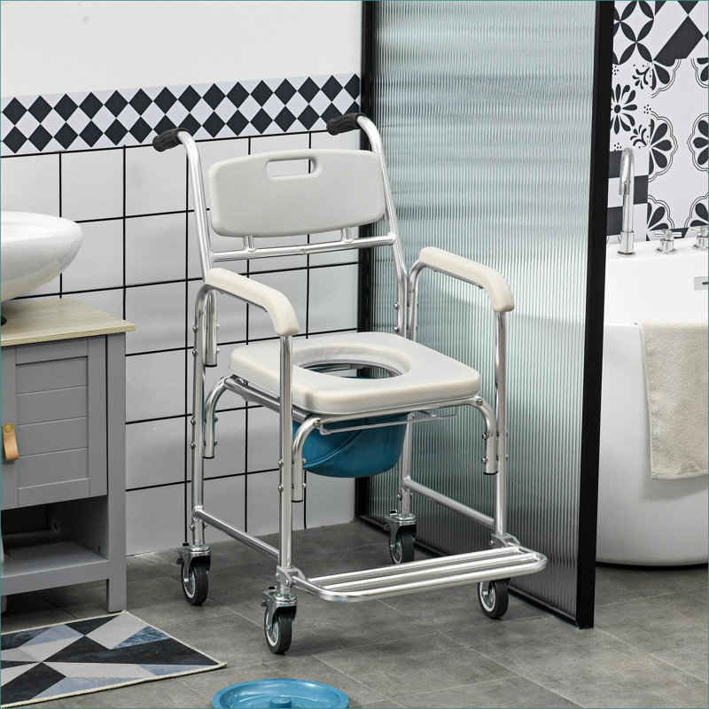 Siège de commode de douche 3-en-1 HOMcom, siège de toilette sur roulettes imperméable, capacité de 330 lb, siège rembourré, gris clair