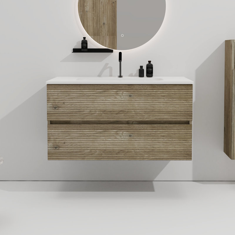 Meuble-lavabo moderne 30 po en chêne brut avec lavabo, trop-plein, glissières de tiroir silencieuses, 20% de rangement supplémentaire, poignée minimaliste - armoire, glissières en céramique E1 New Age Boards, rangement Boost, look