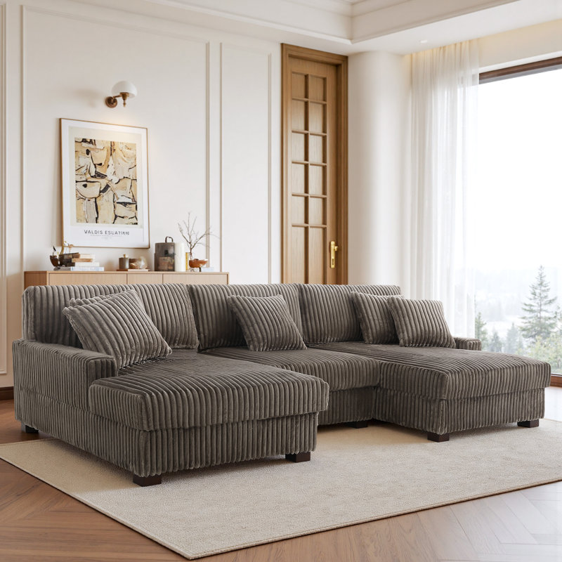 Canapé modulaire rembourré 3 pièces en flanelle de fourrure de lapin brun clair avec accoudoirs et coussins décoratifs 3 pièces