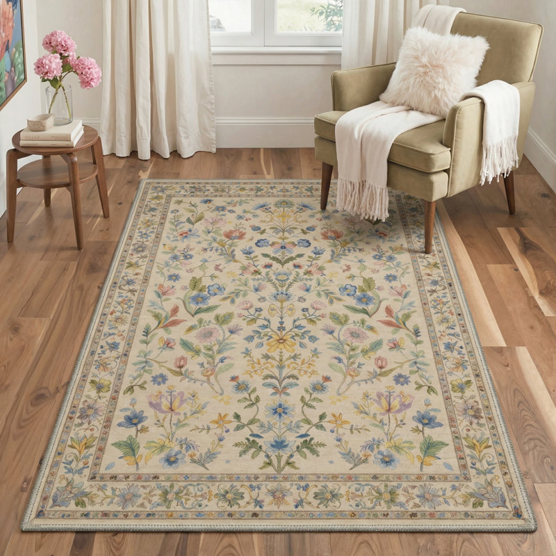 Allsop Verdant Floral Machine Washable Beige / Green / Blue Indoor Area Rug with Non-Slip Backing, Rectangle 6' x 9'