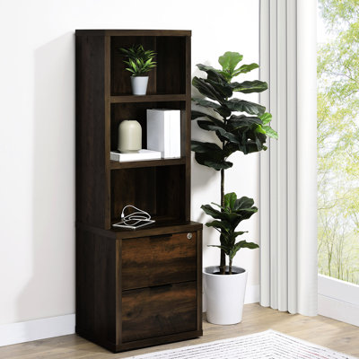 Bibliothèque à 3 tablettes en pin foncé avec tiroir verrouillable et double rangement en bois d'ingénierie, solution d'organisation de bureau de 20,26 po de largeur, tiroir, mobilier utilitaire, profondeur de 15,5 po