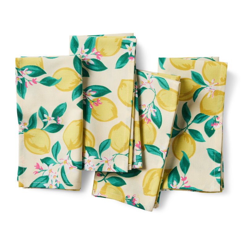DRAPER JAMES Lemon Blossom Cloth Napkins 4-Pack Set, Yellow/Green, 19"x19"