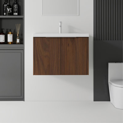 Meuble-lavabo flottant 30 po avec lavabo, porte à fermeture en douceur, lavabo en céramique, contreplaqué, brun