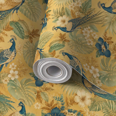Peel and Stick Wallpaper Contact Paper Seamless chinoiserie style herons peacock birds peonies Self Adhesive and Removable 24in x 118in(60x300cm)