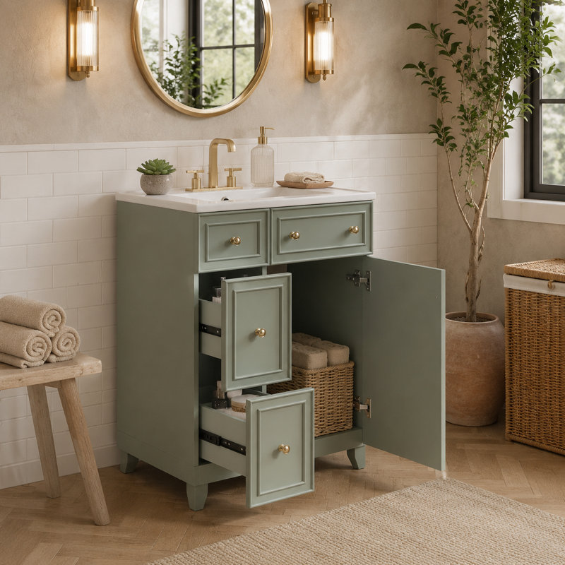 Meuble-lavabo sur pied vert sauge avec quincaillerie dorée et lavabo blanc