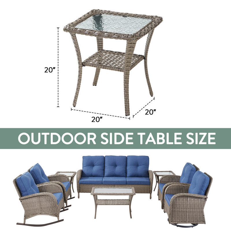 Outdoor Patio Brown PE Wicker Side Table With Glass Tabletop, Gray