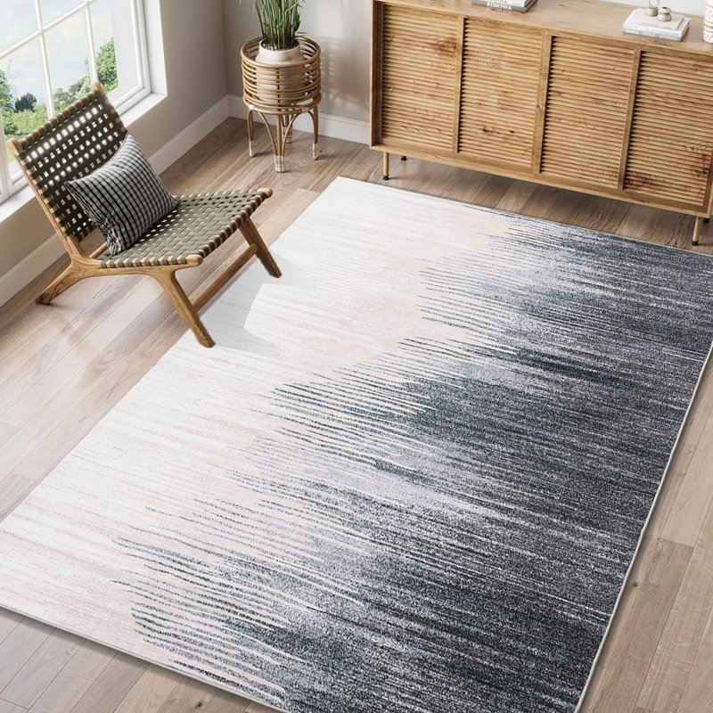 Washable Area Rug, Modern Abstract Ombre Low Pile Non Slip Foldable Indoor Carpet, Stain Resistant, Teal Grey Tone, 8'x10'