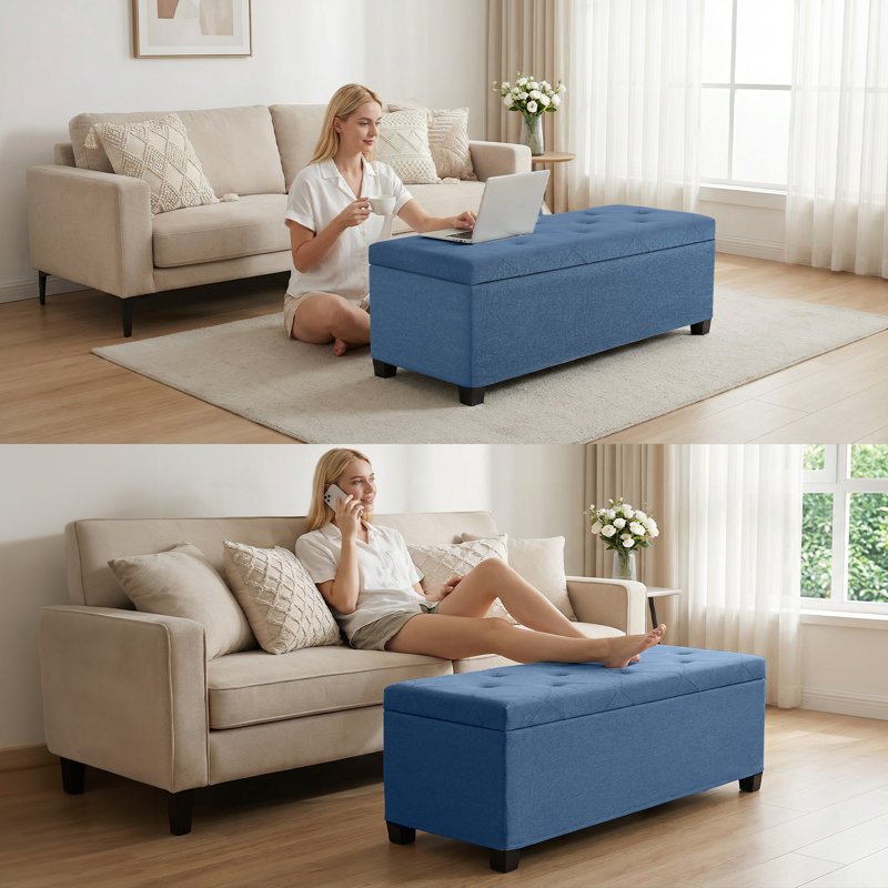 43.3" Tufted Storage Ottoman with Iron Frame, Faux Linen Bed End Bench with Metal Corner Protection, Blue