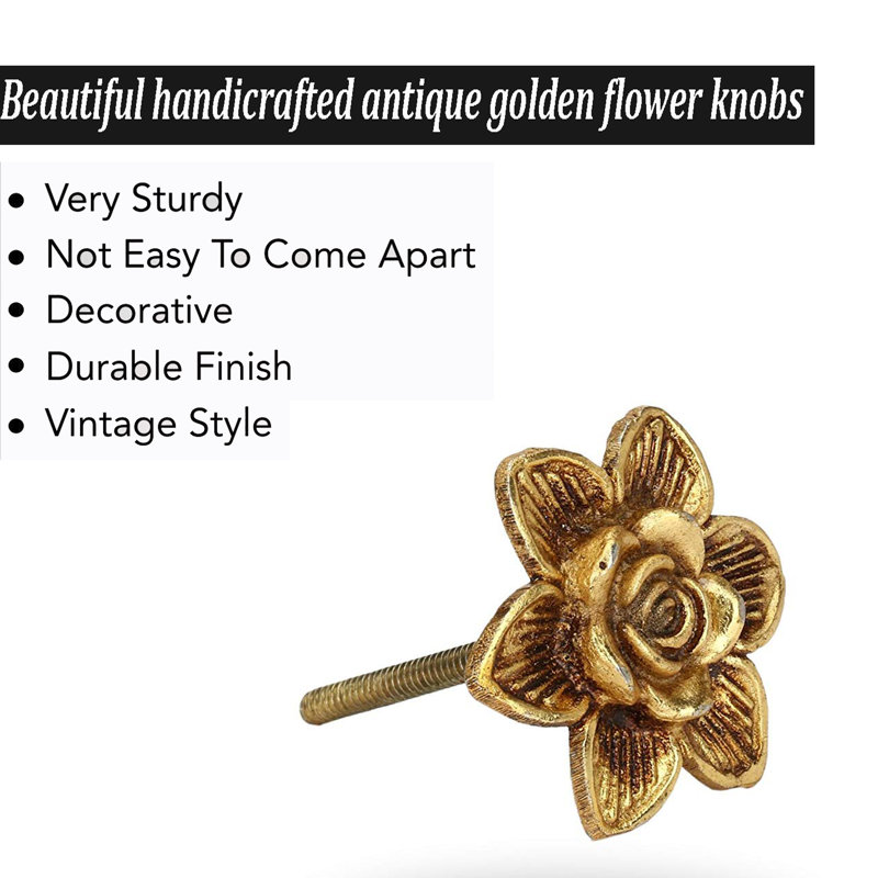 Set of 6 Antique Gold Flower Metal Cabinet Knobs