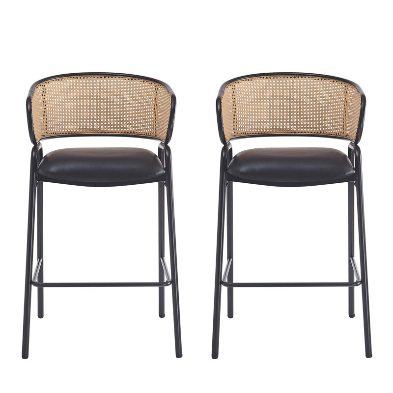 Ethan Indoor Metal Upholstered Barstool, Faux Leather Seat With Wowen Rattan Decorated Backrest, Set of 2