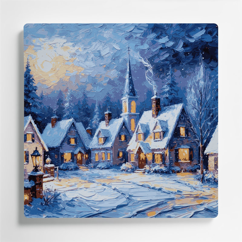 «Christmas Snowy village at twilight», art mural en métal bleu, H 12 po x l 12 po