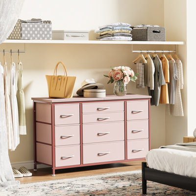 10-Drawer Wide Fabric Dresser TV Stand with Power Outlet, Wood Top Storage Chest, Sturdy Metal Frame, Fits Up to 55" TV, Bedroom/Closet/Entryway, Black Skin