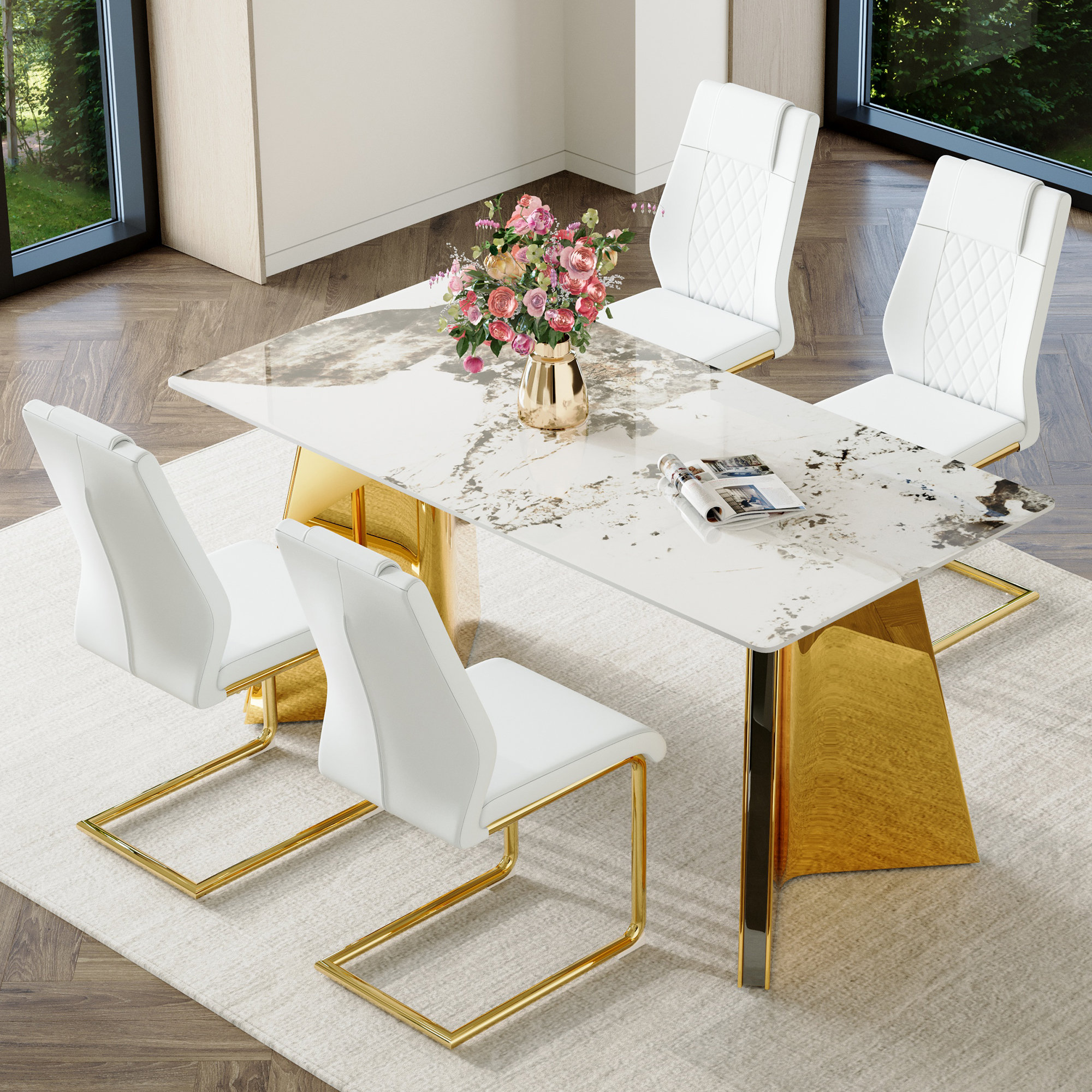 Mercer41 Sintered Stone Dining Table Set with Stainless Butterfly Legs ...