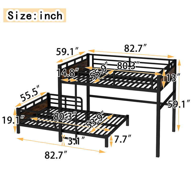 Full XL over Full XL Metal Bunk Bed, Convertible Loft & Platform Bed with Raised Safety Guard – Sturdy, Space-Saving, Versatile,Vintage Wood-colored