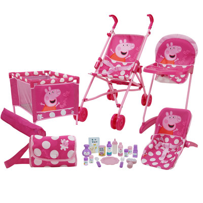 Peppa Pig: 21 Piece Doll Play Set - Pink & White Dots - Highchair, Stroller, Play Yard, Car Seat, Handbag & Doll Care Accessories, Kids Toy, Ages 3+