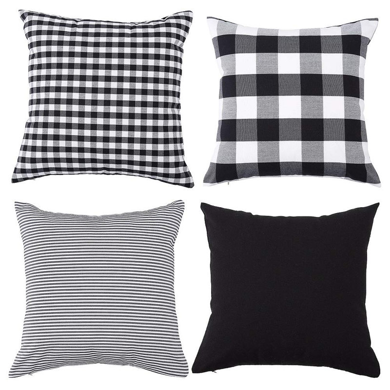 Petite taie d'oreiller à carreaux en polyester et coton frais sans housse de coussin de canapé, Noir