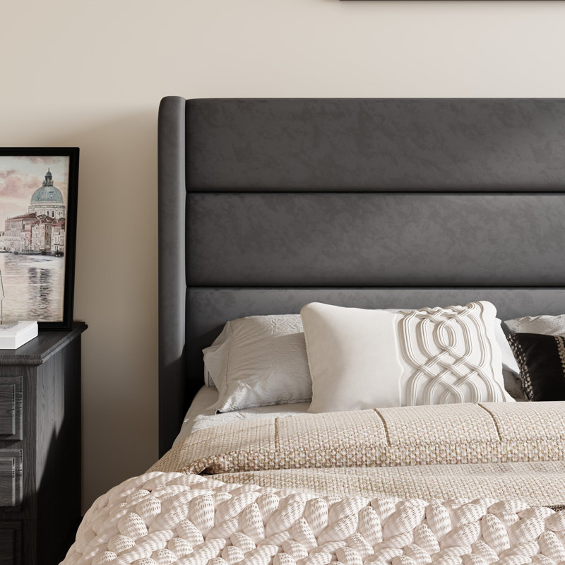 Modern Velvet Upholstered Platform Bed With Wooden Slats Wingback Headboard Included, Gray, King
