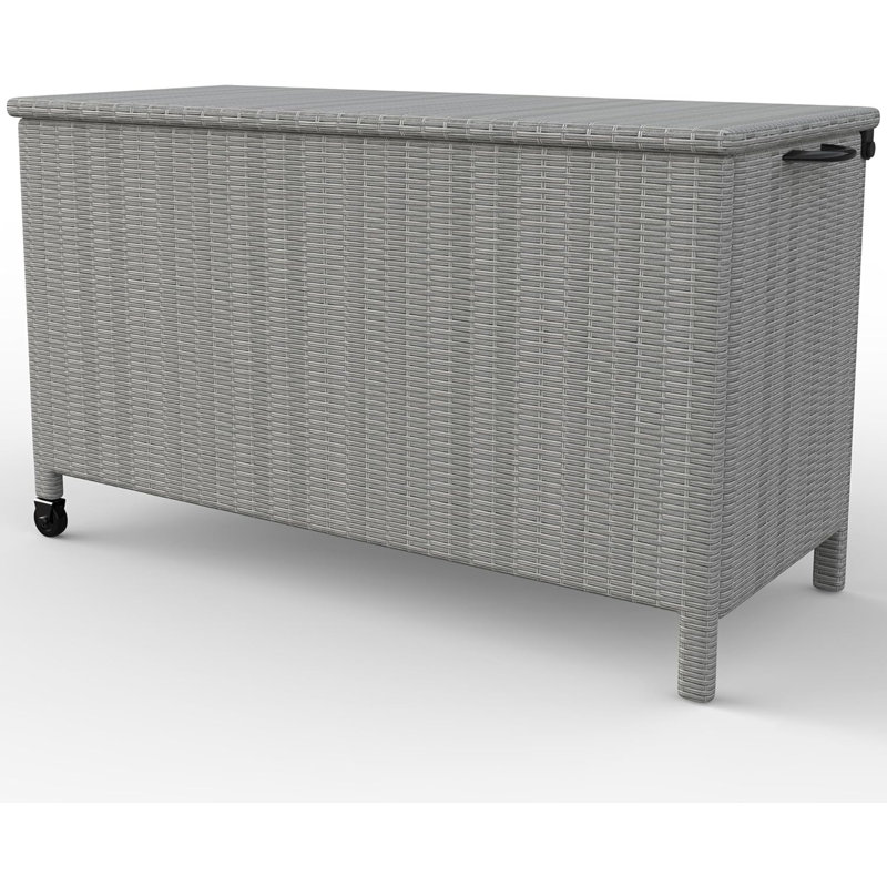 Boîte de rangement moyenne pour l'extérieur en osier, coffre de rangement pour patio en rotin PE avec structure en acier, boîte de rangement compacte pour coussins, jouets et articles d'extérieur - Osier gris