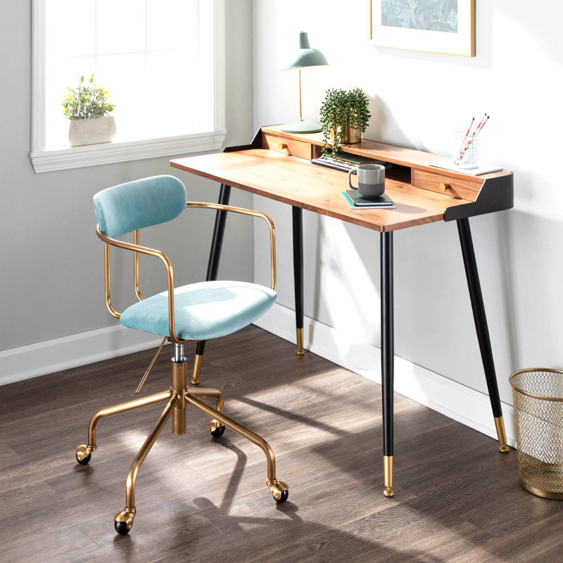 Chaise de bureau contemporaine en métal doré et velours bleu clair