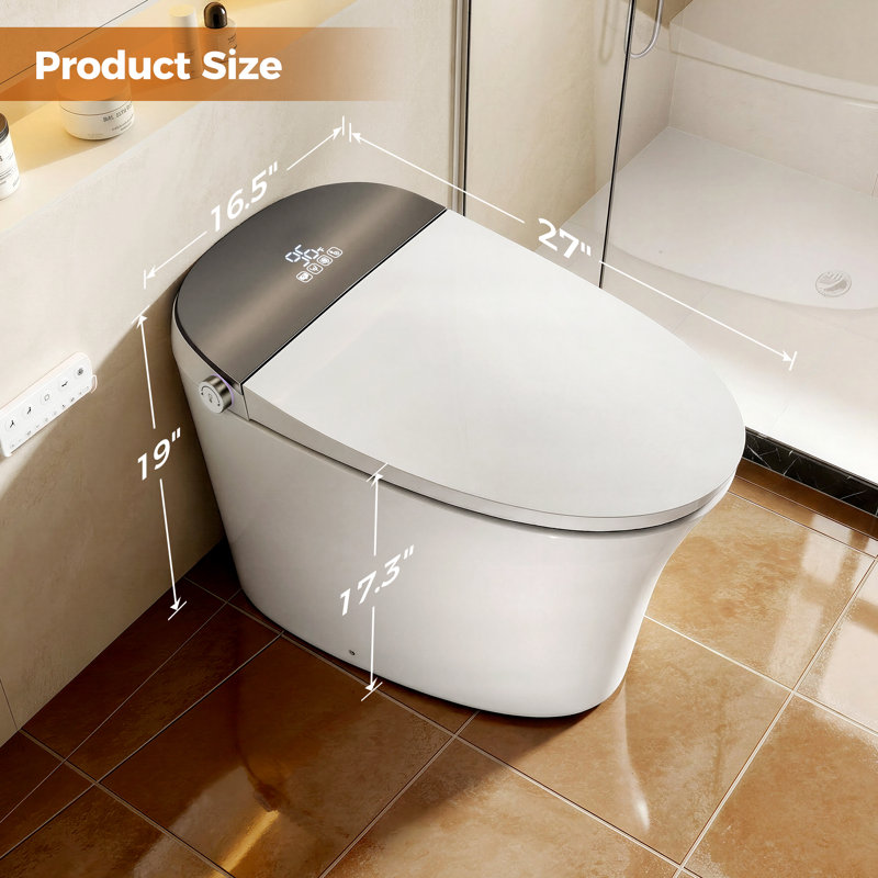Rizzon 17.3" Comfort Chair Height Tankless Smart Toilet with Lady & Rear Wash, MAP 1000g Foot Kick Auto Flush, Heated Seat, Dryer,Soft Closing, Remote Control