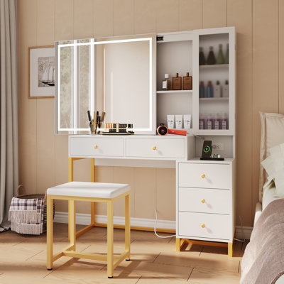 Vanity Desk With Mirror And Led Lights, Makeup Vanity Desk With Sliding Lighted Mirror, Charging Station