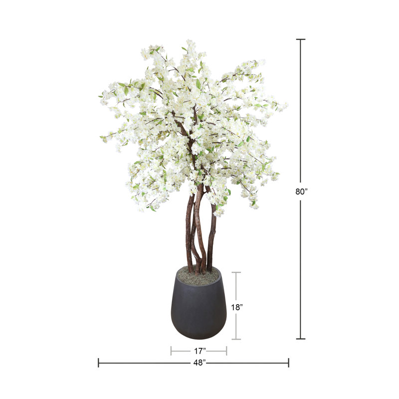 Faux Cherry Blossom Tree Plant in Fiberstone Planter