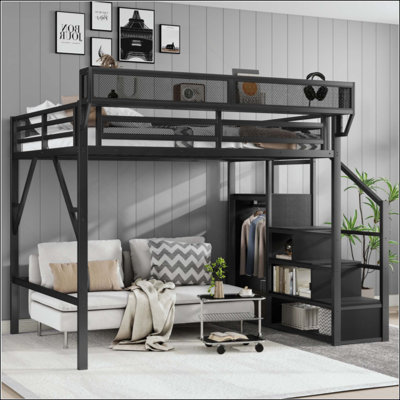 Lit mezzanine avec escalier, lit mezzanine en métal avec tablettes de rangement, lit mezzanine haut avec garde-robe pour les enfants adolescents