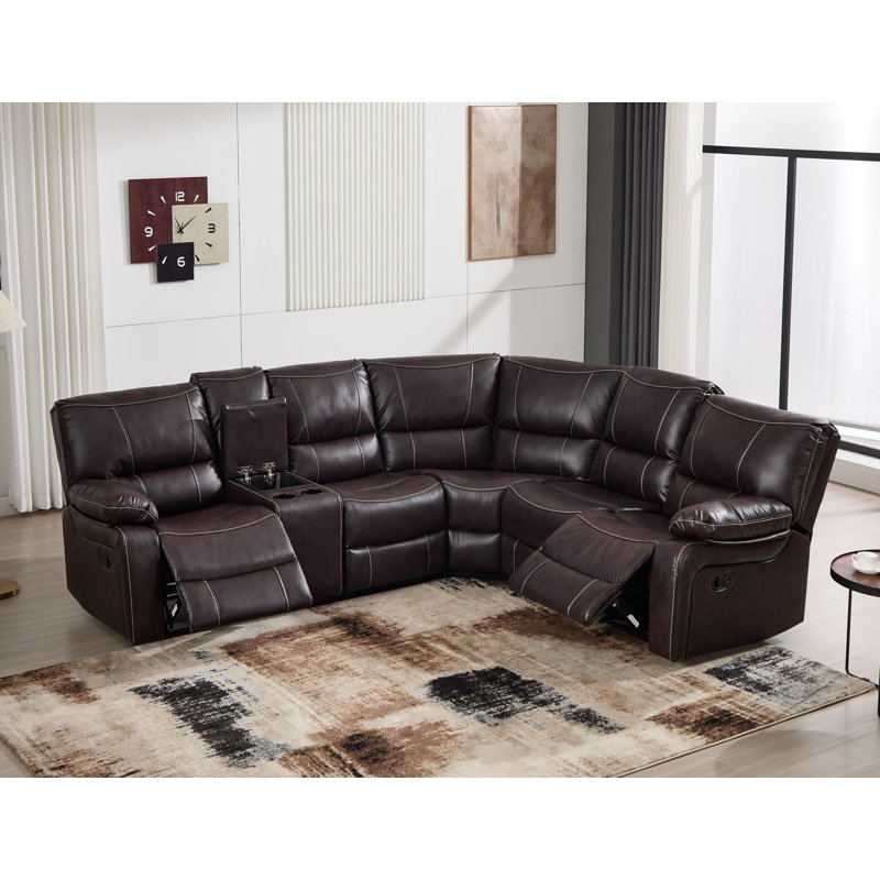 Canapé d'angle inclinable manuel en cuir végane de 269 cm de large avec rangement et porte-gobelet