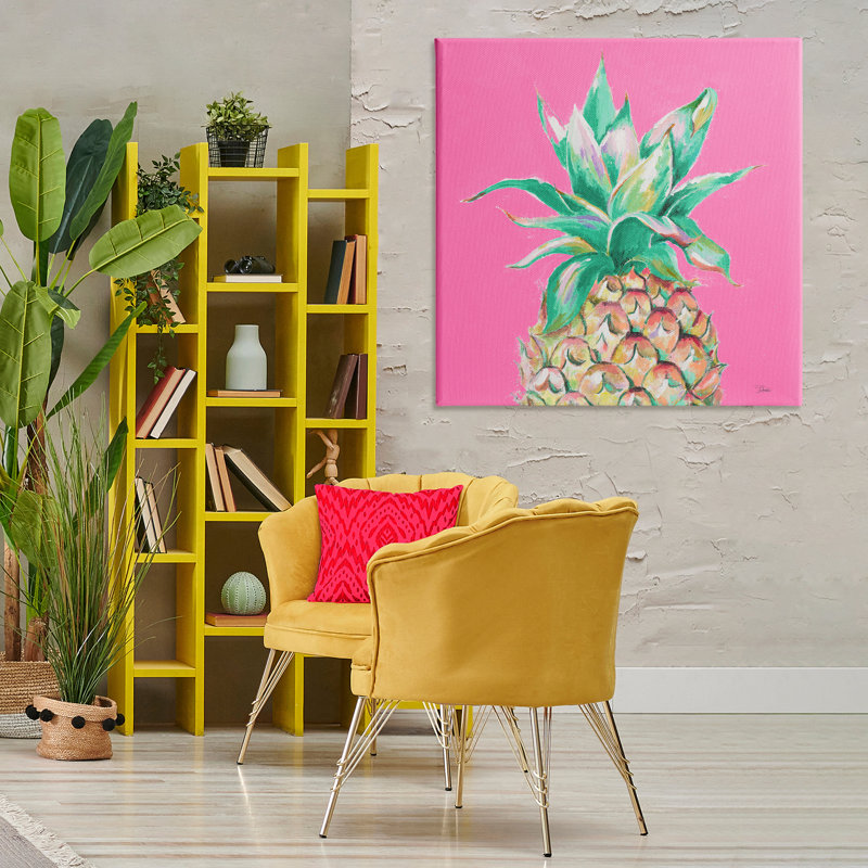 Ananas sur toile rose par Patricia Pinto, H 36 po x l 36 po