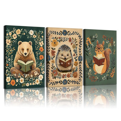 3Pcs Animal Reading Canvas Wall Art Cute Woodland Animals Wall Decor Bear Hedgehog Squirrel Pictures Print Bohemian Floral Posters Paintings Suitable For Kids Room Nursery Playroom 12 X 16 Inch
