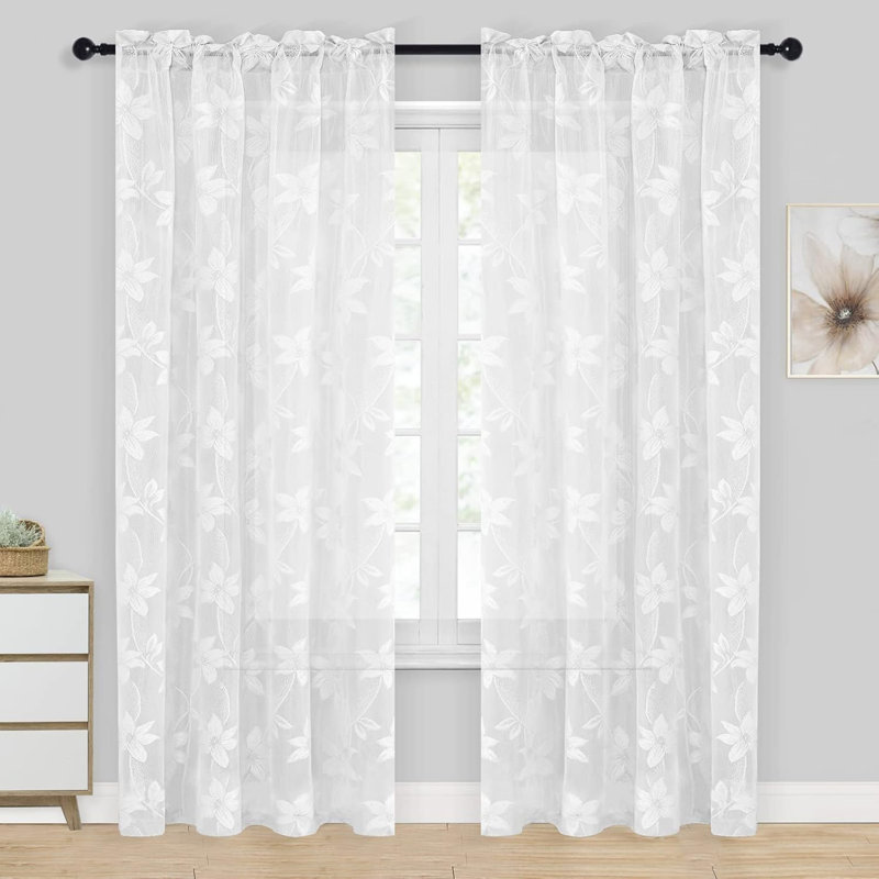 2 Panels Floral Lace Sheer Curtains - Elegant Design Rod Pocket Boho Chic Decor Window Voile Sheer Drapes Farmhouse Style for Bedroom and Living Room