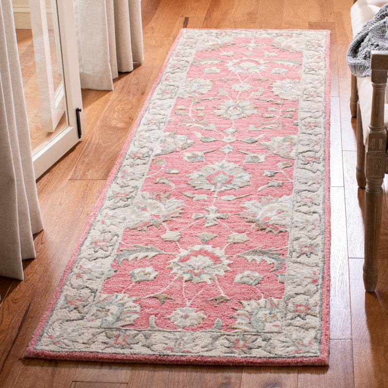 Tapis rose / beige en laine touffeté à la main Laronda, Tapis de couloir 2 pi 3 po x 8 pi