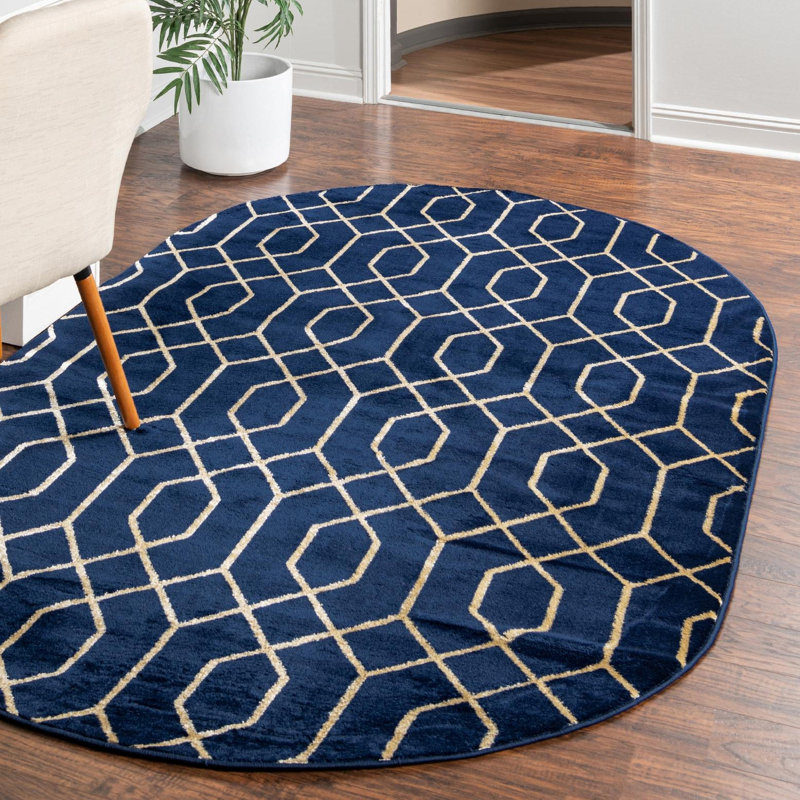 Tapis bleu marine et doré Glam, Ovale 5 pi 3 po x 8 pi