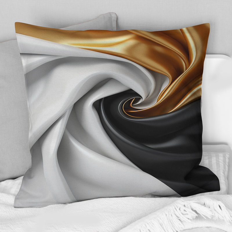 Coussin décoratif à motif abstrait en spirale liquide or noir et blanc