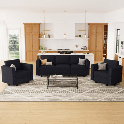 Nairoby 3-Pieces Corduroy Storage Seat Sofa Set Modular Sectional Couch Set For Apartment Livingroom Lounge, 2 Single Armchairs & 3-Seat Sofa Set