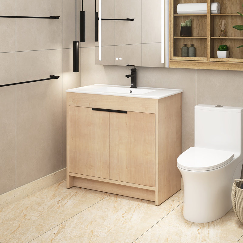 Navay 35.86 " W Freestanding Standard Free Standing Single Double Single Vanity Bathroom Vanity With Ceramic Top, Light Oak