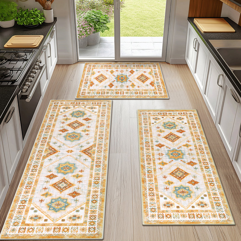 Tapis de cuisine antidérapant lavable à la machine (ensemble de 3), Beige / orange / brun clair