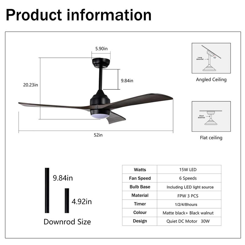 Ventilateur de plafond 52 po à pales en bois massif avec moteur et télécommande, Noir, Noir