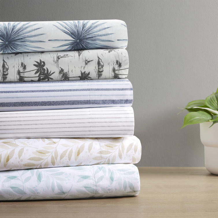 Ensemble de draps 100% coton 200 fils 200 fils, Ensemble de draps pour grand lit avec 2 taies d'or, Bleu rayé