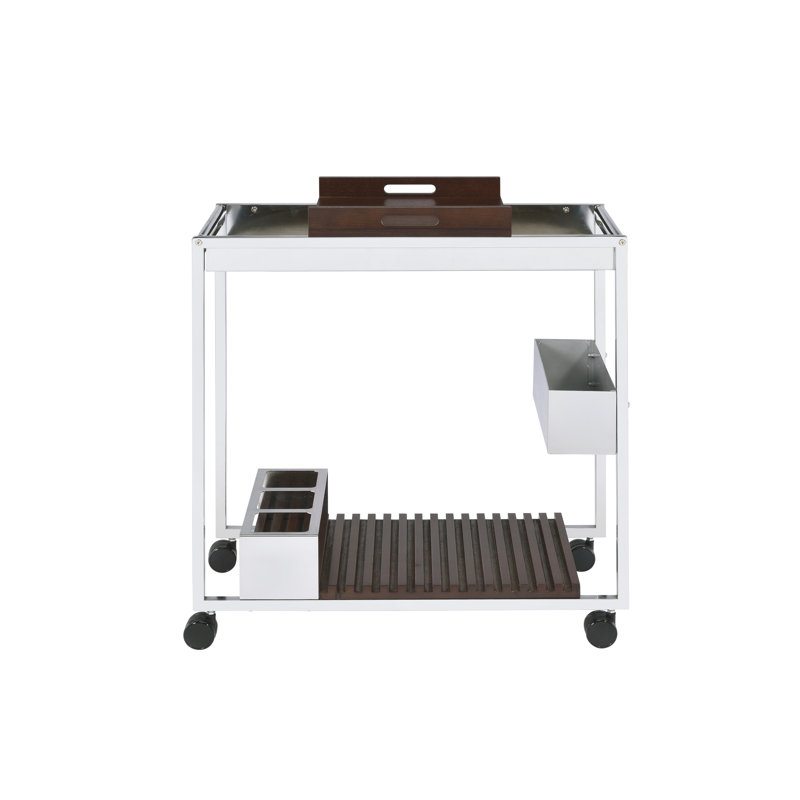 Chariot de service contemporain avec galvanoplastie, 2 compartiments ouverts, porte-bouteille de vin et tablette suspendue en verre synthétique