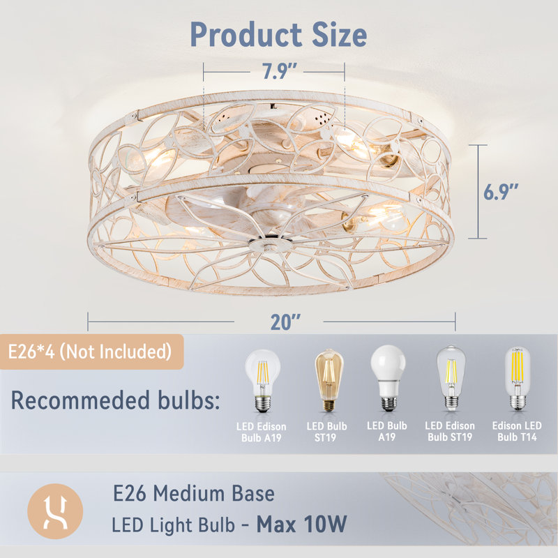 Ventilateur de plafond encastré à cage blanc de 20 po avec ensemble d'éclairage et télécommande Cissline