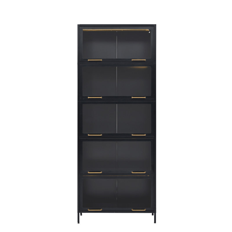 76.75'' Tall Iron Display Cabinet With Glass Doors, 5-Tier Steel Barister Bookcase With LED Lights For Collectibles, Modern Style Curio Cabinet For Home Living Room Office Study & Playroom